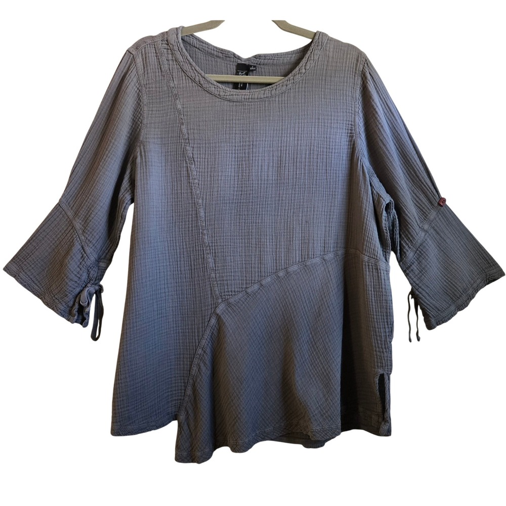 Focus Casual Life Chic Grey Lagenlook Gauze Cotton Tunic Tie Sleeve Asymmetric L